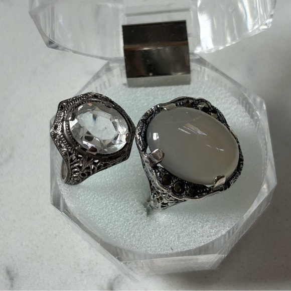 Antique Edwardian Sterling Moonstone & Quartz Cocktail Ring Set - Picture 2 of 5